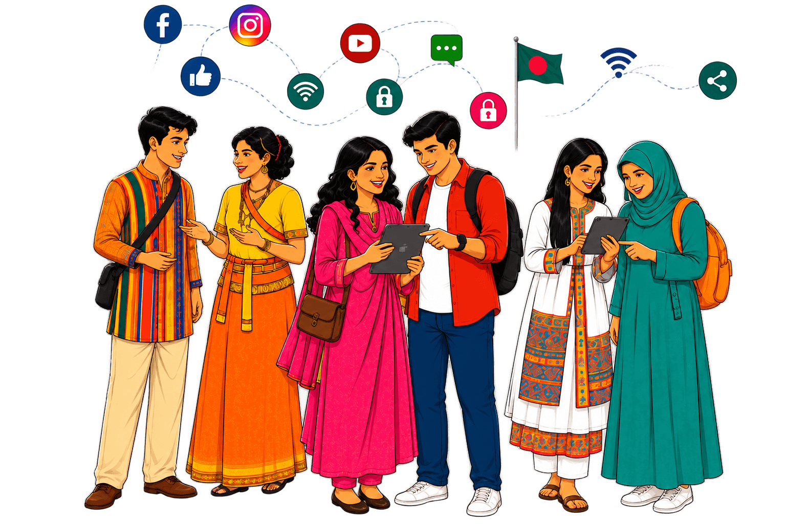 Illustrated young Bangladeshis connected through digital media